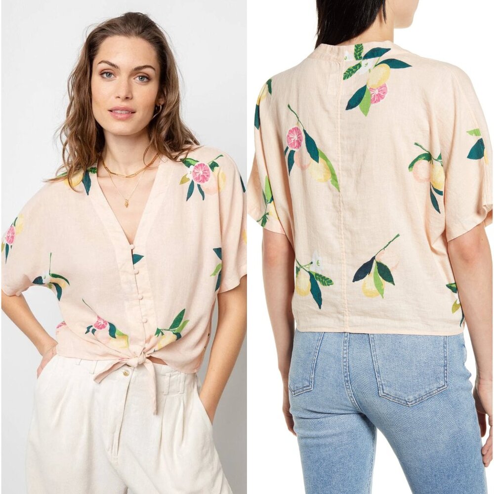 RAILS Linen Blend Tie Front Top in Pink Grapefruit Size S